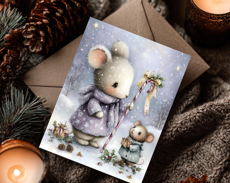Puede incluir: Una tarjeta de Navidad con dos adorables ratones en una escena invernal nevada. Un rat&oacute;n lleva un abrigo y una bufanda morados, sosteniendo un bast&oacute;n de caramelo. El otro rat&oacute;n lleva un abrigo azul y sostiene un regalo. La tarjeta tiene un dise&ntilde;o caprichoso y festivo.