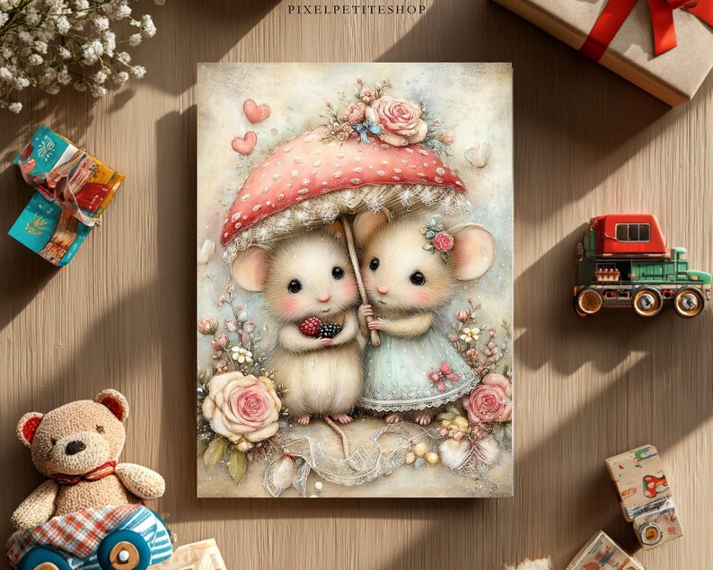 K&ouml;nnte beinhalten: Eine bezaubernde Illustration zeigt zwei M&auml;use unter einem Pilzschirm, umgeben von Blumen und Herzen. Eine Maus h&auml;lt Beeren. Das Kunstwerk verwendet eine weiche Pastellfarbpalette und schafft eine romantische Szene. Das Bild ist ein Druck.