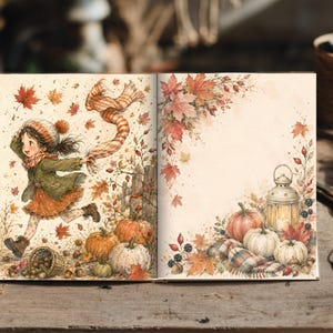 Op de afbeelding: Een open boek met aquarelillustraties van een kind dat door herfstbladeren rent, pompoenen en een lantaarn. De linkerpagina toont een kind met een sjaal, terwijl de rechterpagina een decoratieve rand van herfstbladeren weergeeft.