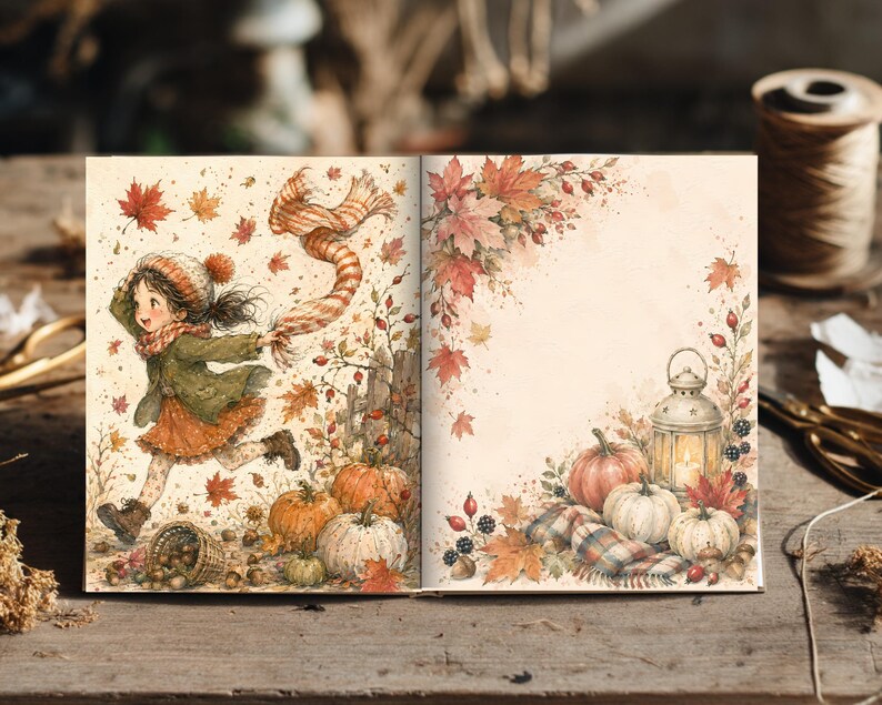 Op de afbeelding: Een open boek met aquarelillustraties van een kind dat door herfstbladeren rent, pompoenen en een lantaarn. De linkerpagina toont een kind met een sjaal, terwijl de rechterpagina een decoratieve rand van herfstbladeren weergeeft.