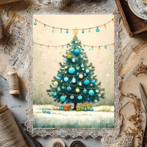 May include: A vertical illustration of a Christmas tree decorated with blue and yellow ornaments and string lights. The tree stands on a snowy ground with wrapped gifts at its base. The background is a soft cream color with falling snowflakes.