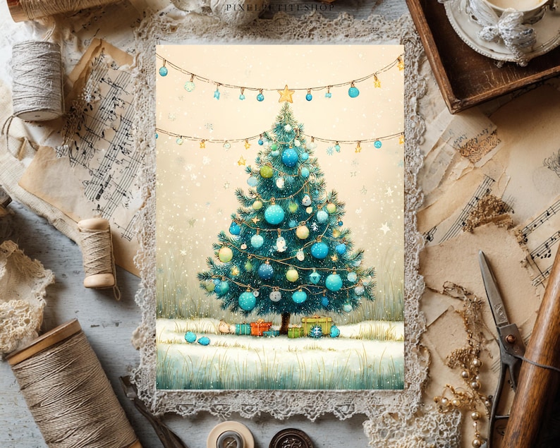 May include: A vertical illustration of a Christmas tree decorated with blue and yellow ornaments and string lights. The tree stands on a snowy ground with wrapped gifts at its base. The background is a soft cream color with falling snowflakes.
