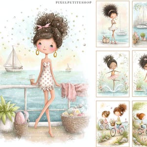 May include: Watercolor illustration featuring a girl with curly hair, wearing a white dress, standing on a balcony overlooking the ocean with sailboats. The image includes additional illustrations of girls in various beach settings. The text "PIXELPETITESHOP" is at the top.