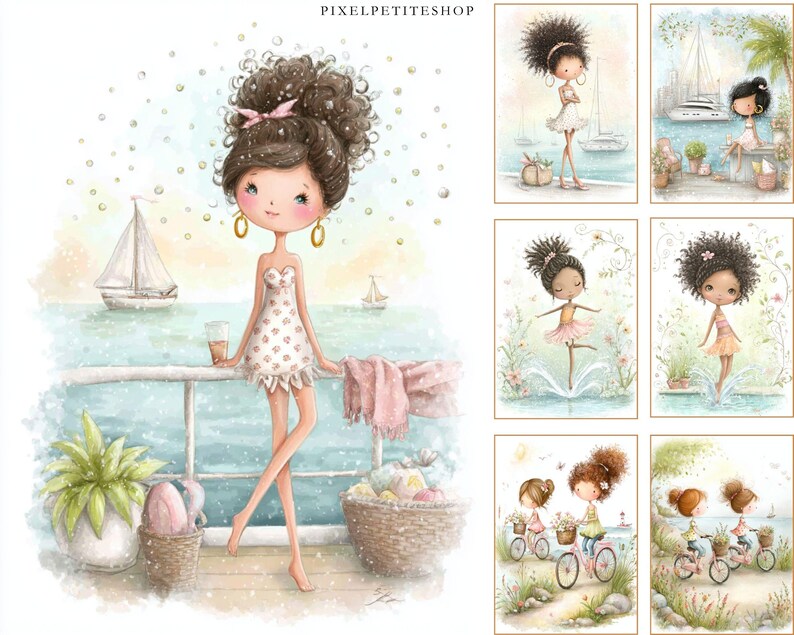 May include: Watercolor illustration featuring a girl with curly hair, wearing a white dress, standing on a balcony overlooking the ocean with sailboats. The image includes additional illustrations of girls in various beach settings. The text "PIXELPETITESHOP" is at the top.
