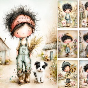May include: Watercolor illustrations of charming children in a rural setting. The main image features a child in overalls with a dog, holding wheat. Other images show children with animals and props, set against quaint village backgrounds. Soft colors and whimsical style.