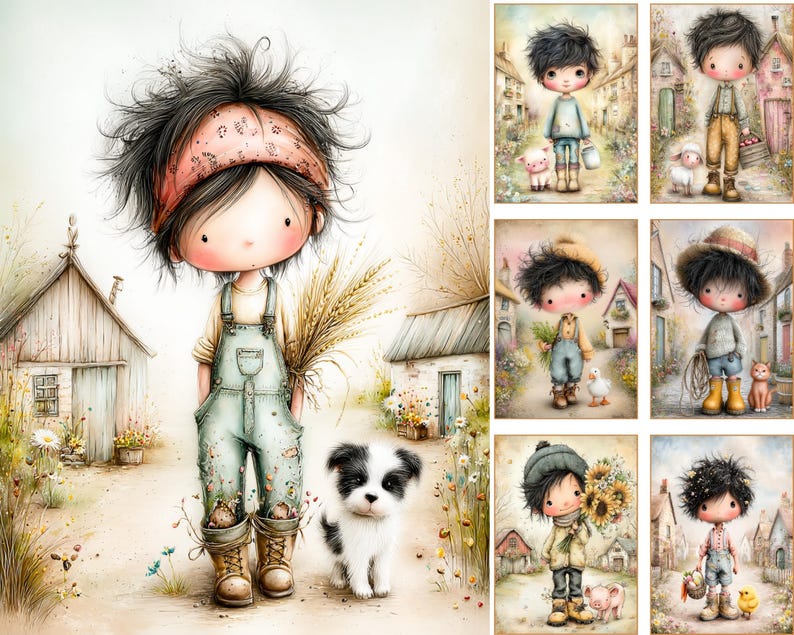 May include: Watercolor illustrations of charming children in a rural setting. The main image features a child in overalls with a dog, holding wheat. Other images show children with animals and props, set against quaint village backgrounds. Soft colors and whimsical style.