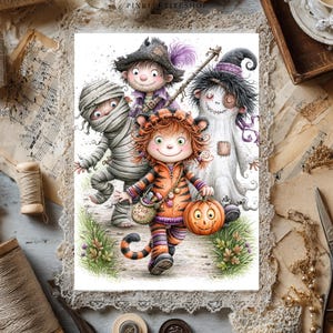 May include: A rectangular print featuring four cartoon characters in Halloween costumes: a mummy, a scarecrow, a ghost, and a child dressed as a tiger holding a pumpkin bucket with the text Trick or Treat printed on a small bag.