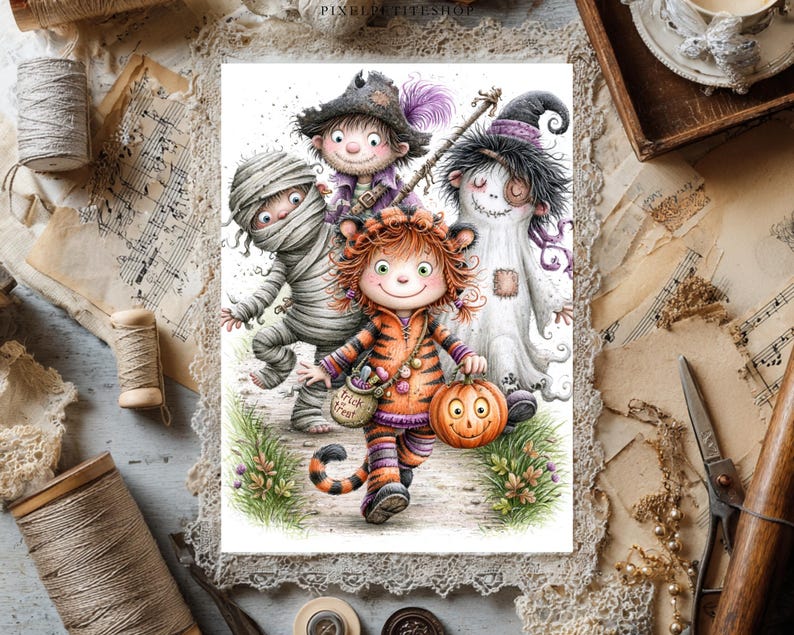May include: A rectangular print featuring four cartoon characters in Halloween costumes: a mummy, a scarecrow, a ghost, and a child dressed as a tiger holding a pumpkin bucket with the text Trick or Treat printed on a small bag.
