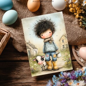 May include: A watercolor illustration of a child with a cow, wearing a blue sweater, jeans, and yellow boots. The child is holding a bucket and walking on a path with flowers. Two small houses are in the background.