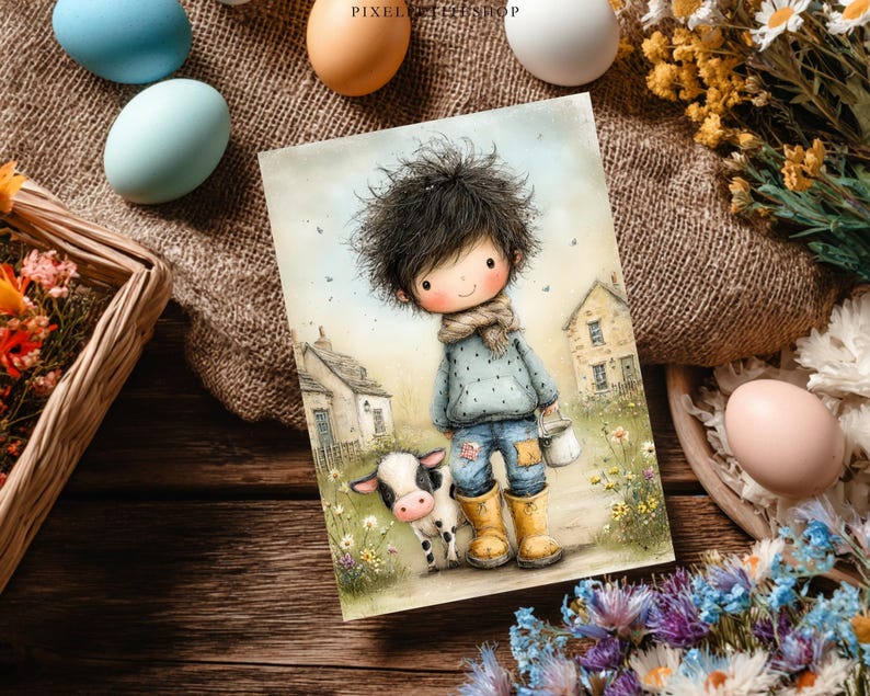 May include: A watercolor illustration of a child with a cow, wearing a blue sweater, jeans, and yellow boots. The child is holding a bucket and walking on a path with flowers. Two small houses are in the background.
