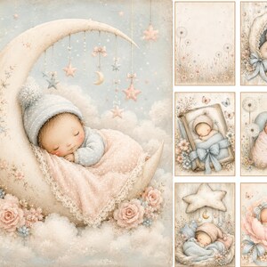 May include: A collection of digital illustrations featuring sleeping infants in soft pastel tones. The main image shows a baby in a blue hat and pink blanket resting on a crescent moon surrounded by clouds, roses, and hanging stars. Six smaller panels depict babies in various settings including floral arrangements, cradles, and star-shaped pillows.
