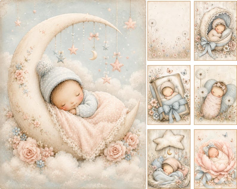 May include: A collection of digital illustrations featuring sleeping infants in soft pastel tones. The main image shows a baby in a blue hat and pink blanket resting on a crescent moon surrounded by clouds, roses, and hanging stars. Six smaller panels depict babies in various settings including floral arrangements, cradles, and star-shaped pillows.