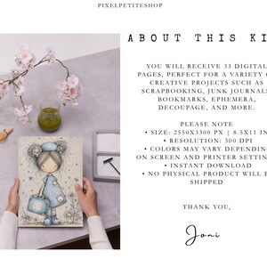 Puede incluir: Impresi&oacute;n de arte digital con una ilustraci&oacute;n de una ni&ntilde;a con un vestido azul y gorro de enfermera, sosteniendo una bolsa m&eacute;dica. La impresi&oacute;n mide 21,59 cm x 27,94 cm y es parte de un kit digital para proyectos creativos. El texto en la imagen dice "About This Kit".
