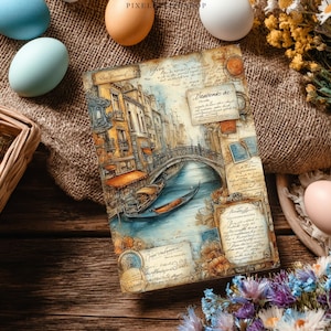 May include: A vintage-style postcard featuring a watercolor painting of a canal scene with gondolas and a bridge. The postcard has aged paper with script and decorative elements. Pastel-colored eggs and flowers surround the postcard.