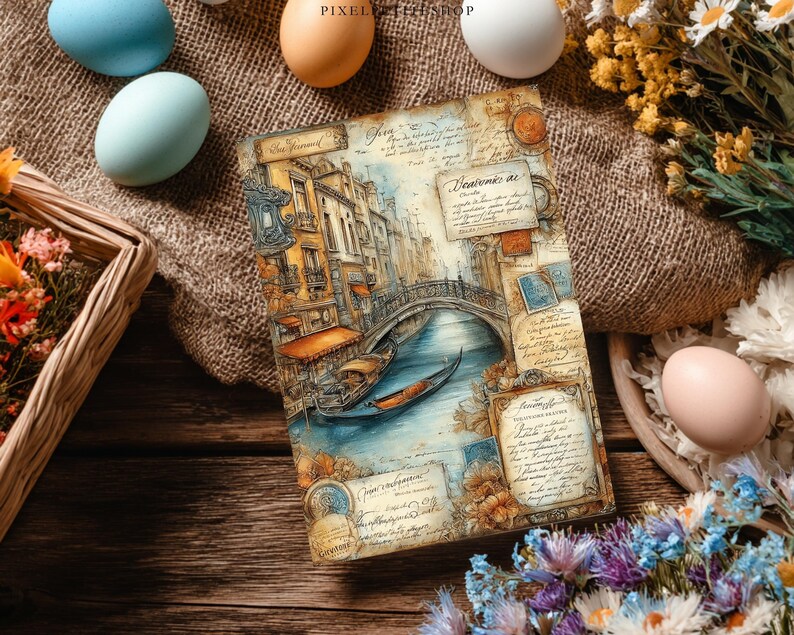 May include: A vintage-style postcard featuring a watercolor painting of a canal scene with gondolas and a bridge. The postcard has aged paper with script and decorative elements. Pastel-colored eggs and flowers surround the postcard.