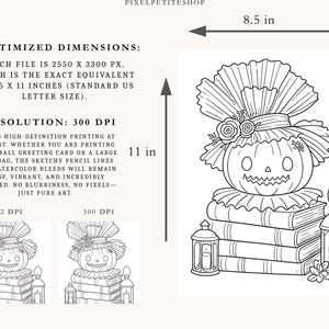 May include: A digital line art illustration of a jack-o'-lantern wearing a ruffled hat, perched on a stack of three books, flanked by two lanterns. Text indicates optimized dimensions of 8.5 by 11 inches and a resolution of 300 DPI for printing.