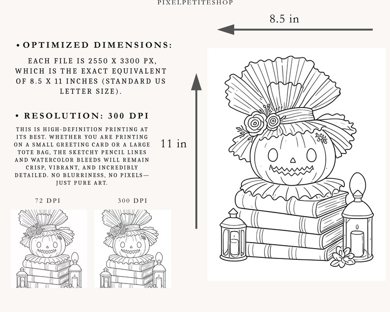 May include: A digital line art illustration of a jack-o'-lantern wearing a ruffled hat, perched on a stack of three books, flanked by two lanterns. Text indicates optimized dimensions of 8.5 by 11 inches and a resolution of 300 DPI for printing.