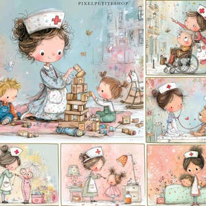 May include: A collection of watercolor illustrations depicting a nurse caring for children. The images show the nurse building blocks with children, assisting a child in a wheelchair, and tending to sick children. The illustrations have a soft color palette.