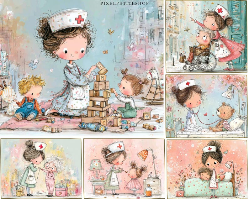 May include: A collection of watercolor illustrations depicting a nurse caring for children. The images show the nurse building blocks with children, assisting a child in a wheelchair, and tending to sick children. The illustrations have a soft color palette.