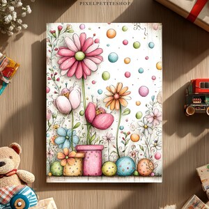 May include: A watercolor illustration of a floral design with pink, orange, and blue flowers, and colorful polka dots. The image is on a white background with a wooden border. A teddy bear, toy train, and wrapped gifts are also in the image.