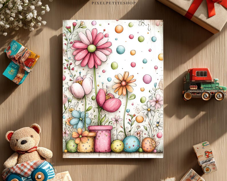 May include: A watercolor illustration of a floral design with pink, orange, and blue flowers, and colorful polka dots. The image is on a white background with a wooden border. A teddy bear, toy train, and wrapped gifts are also in the image.