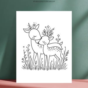 May include: A black and white line art illustration on a white background featuring two deer standing together in a field of flowers and grass. The deer have closed eyes and spotted bodies. The text PIXELPETITESHOP appears at the top centre.