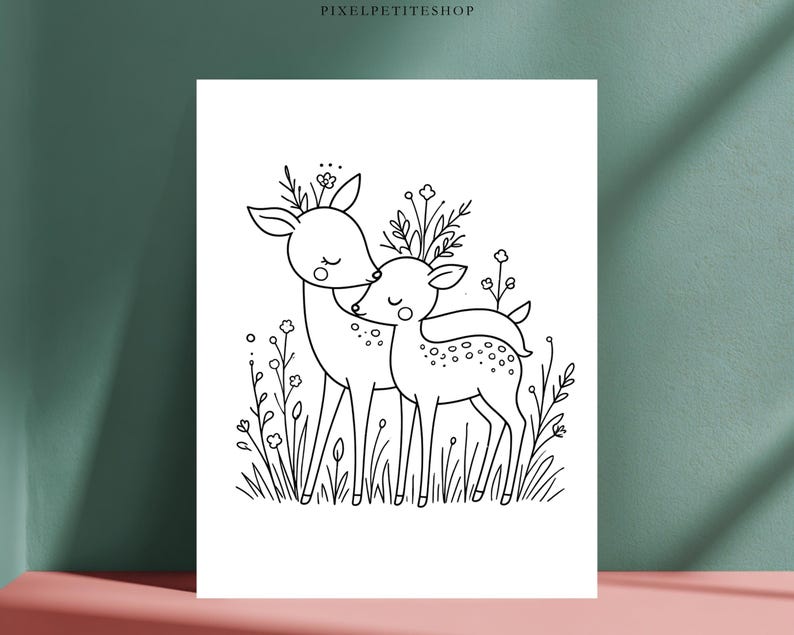 May include: A black and white line art illustration on a white background featuring two deer standing together in a field of flowers and grass. The deer have closed eyes and spotted bodies. The text PIXELPETITESHOP appears at the top centre.