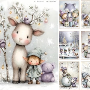 Puede incluir: Ilustraciones en acuarela de escenas invernales con adorables personajes de animales. Se presenta un ciervo con una rama de &aacute;rbol como cornamenta, un elfo y un oso de peluche morado. Otras im&aacute;genes muestran animales con regalos, construyendo un mu&ntilde;eco de nieve y patinando.