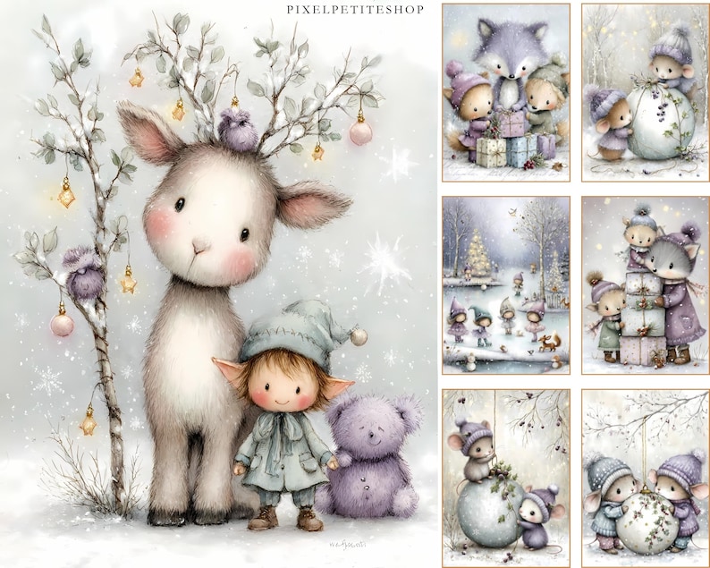 Puede incluir: Ilustraciones en acuarela de escenas invernales con adorables personajes de animales. Se presenta un ciervo con una rama de &aacute;rbol como cornamenta, un elfo y un oso de peluche morado. Otras im&aacute;genes muestran animales con regalos, construyendo un mu&ntilde;eco de nieve y patinando.