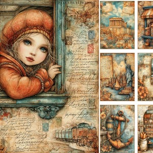 May include: Watercolor art print featuring a young girl in an orange coat and hat looking out a window. The background includes vintage script, stamps, and a train. Additional prints depict landmarks and nautical themes.