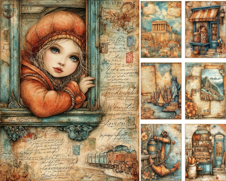 May include: Watercolor art print featuring a young girl in an orange coat and hat looking out a window. The background includes vintage script, stamps, and a train. Additional prints depict landmarks and nautical themes.
