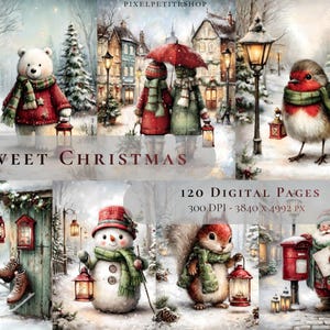 May include: A digital art collage with a winter Christmas theme. It features a polar bear, two figures under an umbrella, a robin, a snowman, a squirrel, and Santa Claus, all holding lanterns. The text "Sweet Christmas" is displayed.
