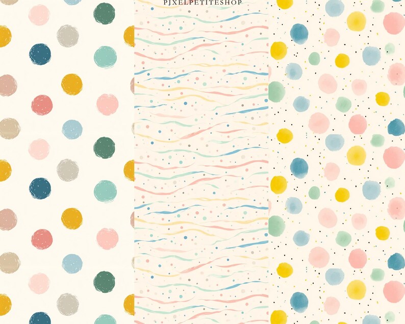 Op de afbeelding: Drie aquarelpatronen op een cr&egrave;mekleurige achtergrond. E&eacute;n heeft kleurrijke stippen in blauw, roze, geel en groen. Een ander heeft golvende lijnen en stippen in pastelkleuren. De derde heeft een mix van stippen en kleine zwarte stippen.