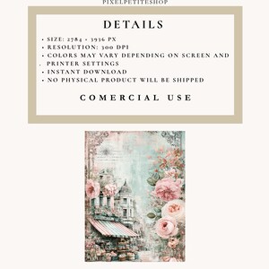 Puede incluir: Impresi&oacute;n digital que presenta una escena callejera parisina vintage con una florister&iacute;a, colores pastel suaves y detalles florales. La imagen incluye detalles arquitect&oacute;nicos y el texto "DETAILS" y "COMERCIAL USE".