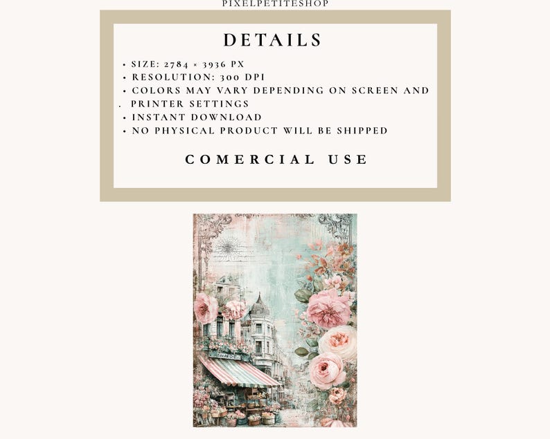 Puede incluir: Impresi&oacute;n digital que presenta una escena callejera parisina vintage con una florister&iacute;a, colores pastel suaves y detalles florales. La imagen incluye detalles arquitect&oacute;nicos y el texto "DETAILS" y "COMERCIAL USE".
