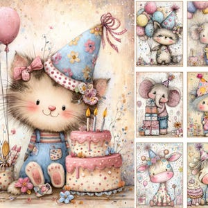 Puede incluir: Ilustraci&oacute;n en acuarela con tem&aacute;tica de cumplea&ntilde;os. Un gato con gorro de fiesta est&aacute; sentado junto a una tarta rosa de dos pisos con velas. Otras im&aacute;genes incluyen un koala, un elefante y una jirafa, todos con gorros y regalos.
