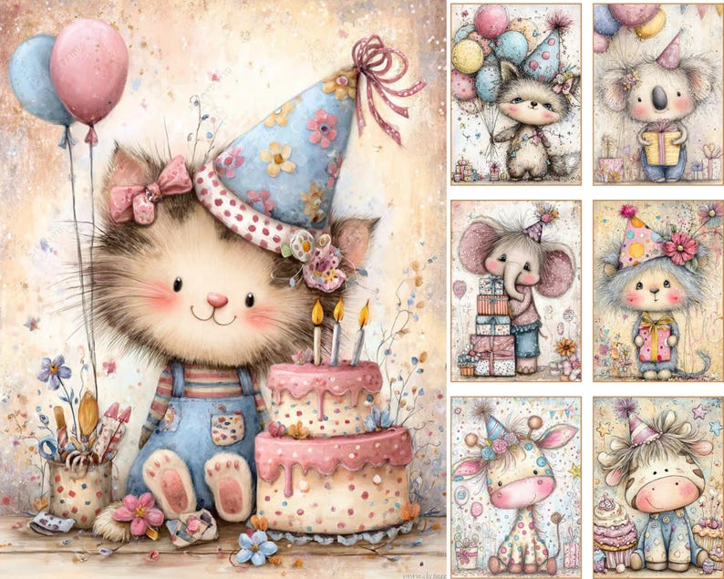 Puede incluir: Ilustraci&oacute;n en acuarela con tem&aacute;tica de cumplea&ntilde;os. Un gato con gorro de fiesta est&aacute; sentado junto a una tarta rosa de dos pisos con velas. Otras im&aacute;genes incluyen un koala, un elefante y una jirafa, todos con gorros y regalos.
