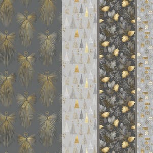 May include: A collection of patterned wallpaper samples. The designs include gold and silver angel figures on a gray background, gold and silver Christmas trees on a light gray background, gold and silver leaves on a dark gray background, and gold and silver houses on a light gray background.