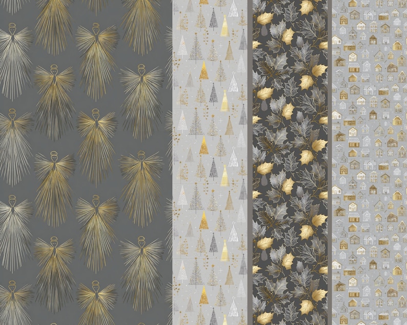 May include: A collection of patterned wallpaper samples. The designs include gold and silver angel figures on a gray background, gold and silver Christmas trees on a light gray background, gold and silver leaves on a dark gray background, and gold and silver houses on a light gray background.