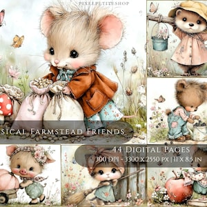 May include: Digital art featuring whimsical farm animals. A mouse in a brown jacket holds sacks of seeds, surrounded by butterflies and flowers. Other panels show a bear with buckets, a bear picking berries, a pig with pumpkins, and a cat with a broom. Text: "WHIMSICAL FARMSTEAD FRIENDS".