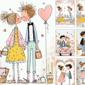 May include: Watercolor illustration featuring a couple kissing, holding hands, and a pink heart balloon. The woman wears a yellow dress and pink jacket. The man wears a blue jacket and suspenders. Additional illustrations depict romantic scenes with couples and hearts.