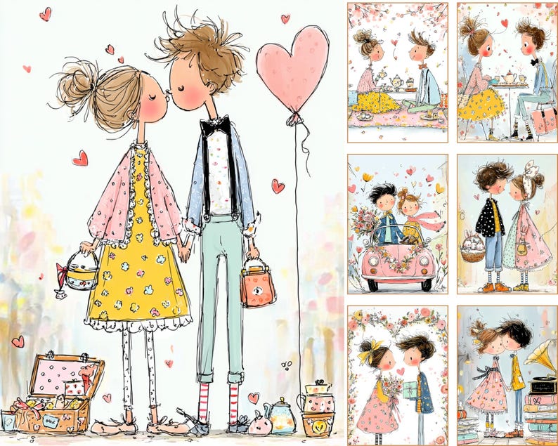 May include: Watercolor illustration featuring a couple kissing, holding hands, and a pink heart balloon. The woman wears a yellow dress and pink jacket. The man wears a blue jacket and suspenders. Additional illustrations depict romantic scenes with couples and hearts.