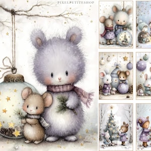 Puede incluir: Ilustraci&oacute;n en acuarela con un rat&oacute;n gris grande y esponjoso con una bufanda rosa y un rat&oacute;n marr&oacute;n m&aacute;s peque&ntilde;o. Se encuentran cerca de un adorno grande y transparente con estrellas doradas. La imagen tiene un tema invernal con una est&eacute;tica suave y so&ntilde;adora. El texto "PIXELPETITESHOP" es visible.