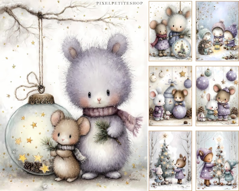 Puede incluir: Ilustraci&oacute;n en acuarela con un rat&oacute;n gris grande y esponjoso con una bufanda rosa y un rat&oacute;n marr&oacute;n m&aacute;s peque&ntilde;o. Se encuentran cerca de un adorno grande y transparente con estrellas doradas. La imagen tiene un tema invernal con una est&eacute;tica suave y so&ntilde;adora. El texto "PIXELPETITESHOP" es visible.