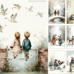 Op de afbeelding: Waterverfkunstprints met kinderen en ganzen. E&eacute;n print toont twee kinderen op een hek, met ganzen die overvliegen. Andere prints tonen kinderen die omgaan met herten en spelen in wintersferen. De prints hebben een zachte, vintage uitstraling.