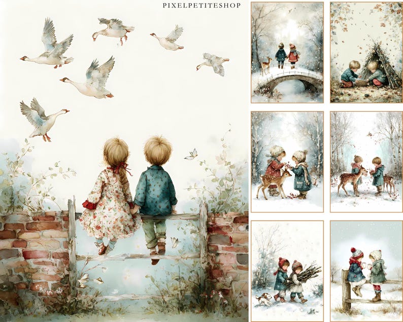 Op de afbeelding: Waterverfkunstprints met kinderen en ganzen. E&eacute;n print toont twee kinderen op een hek, met ganzen die overvliegen. Andere prints tonen kinderen die omgaan met herten en spelen in wintersferen. De prints hebben een zachte, vintage uitstraling.