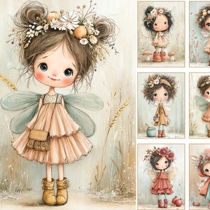 May include: A collection of whimsical fairy illustrations. Each fairy has large eyes, a floral crown, and delicate wings. They wear tiered dresses in soft pastel colors, with small satchels and boots. The artwork has a dreamy, storybook aesthetic.
