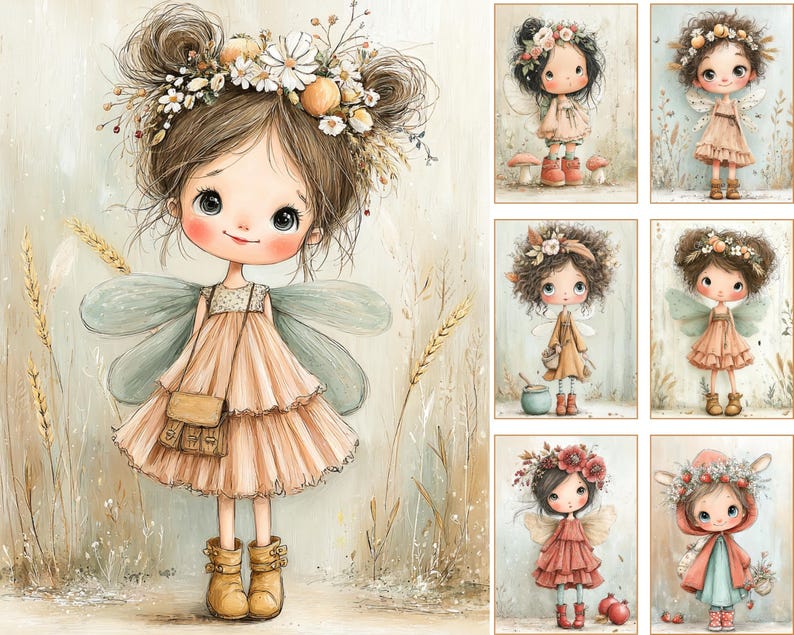 May include: A collection of whimsical fairy illustrations. Each fairy has large eyes, a floral crown, and delicate wings. They wear tiered dresses in soft pastel colors, with small satchels and boots. The artwork has a dreamy, storybook aesthetic.