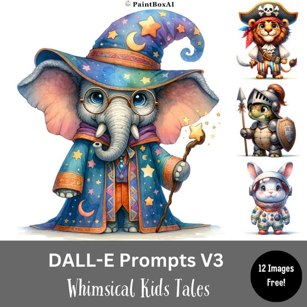 DALL-E 3 Prompts for Whimsical Kids Clip Arts, DALLE v3 Prompts for Animal Illustrations, AI Prompts for Watercolor Cartoons, Free Images