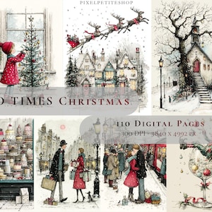 May include: Watercolor illustrations with a Christmas theme. Scenes include a child decorating a tree, a church in the snow, a town with reindeer, and people in winter coats. Text reads "OLD TIMES CHRISTMAS".